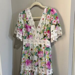Davi & Dani New Floral Watercolor Maxi Dress with Lace Details